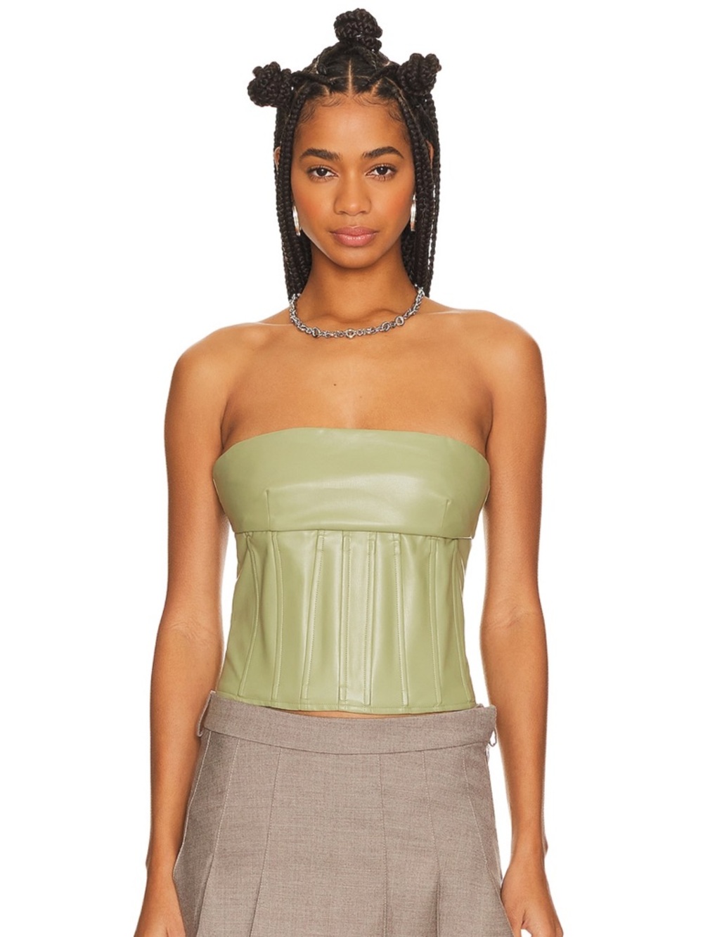 superdown Strapless Faux Leather Corset Top in Light Olive